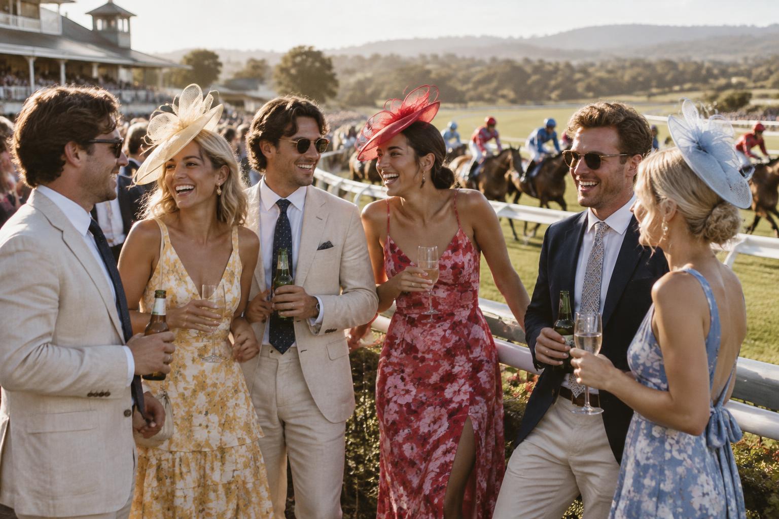 Friends laughing together beside an Australian racecourse